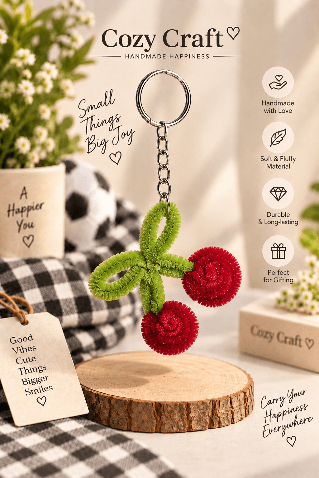 Handmade Cherry Keychain - Pipe Cleaner