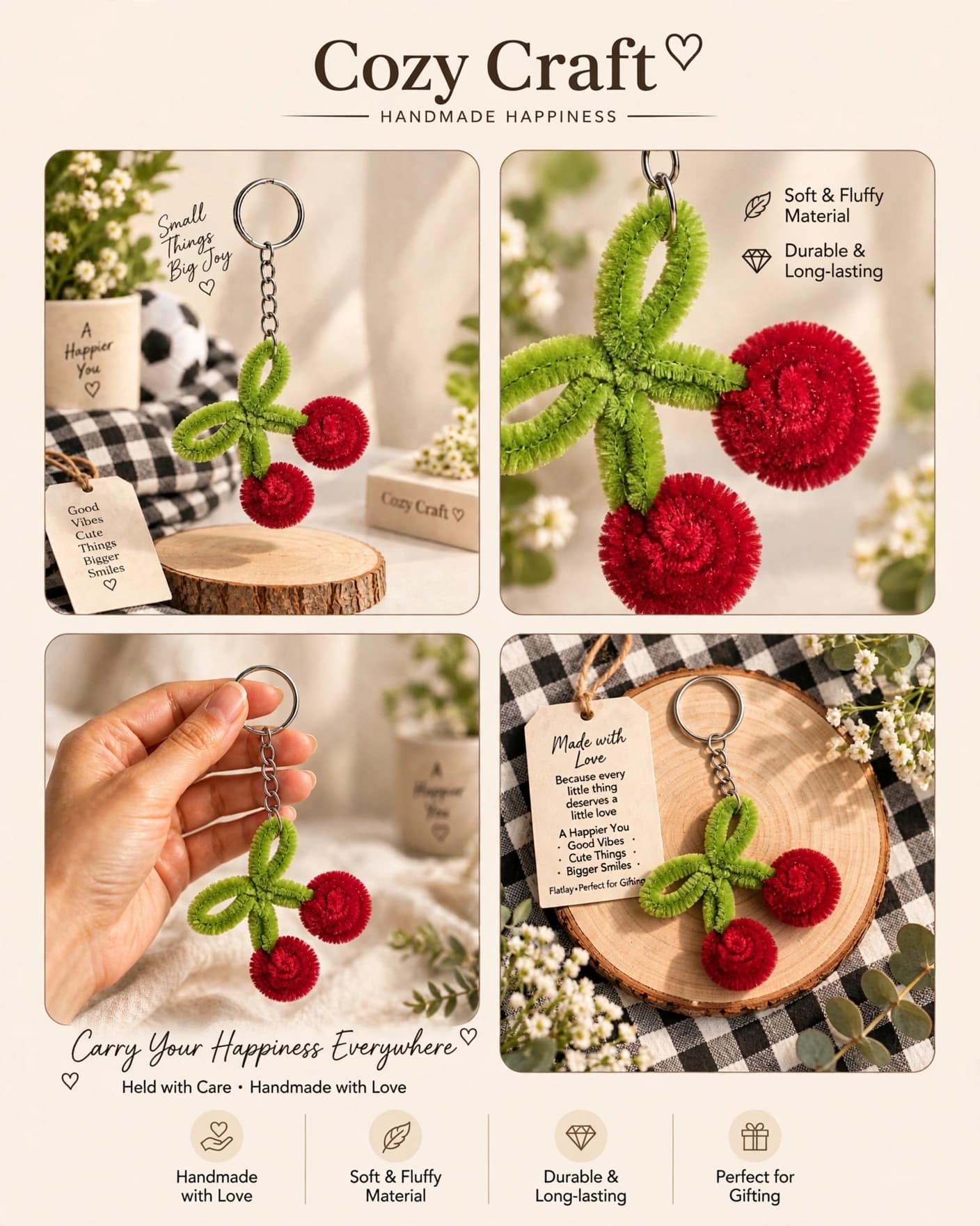 Handmade Cherry Keychain - Pipe Cleaner alternate view