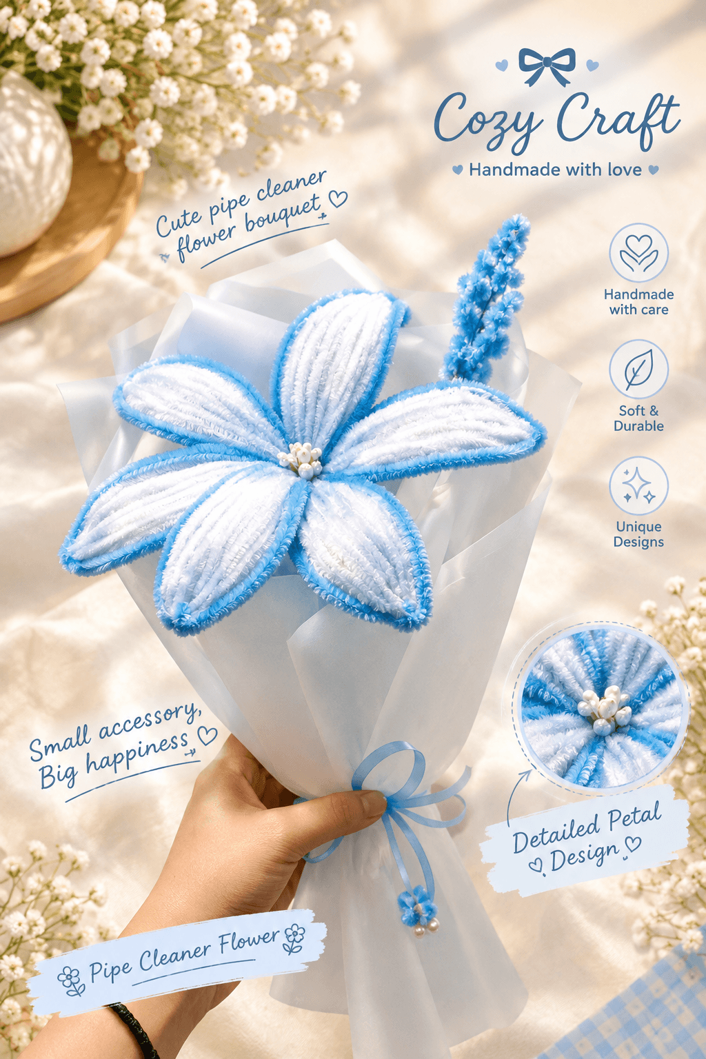 Handmade Blue and White Lily Fluffy Flower Bouquet view 1