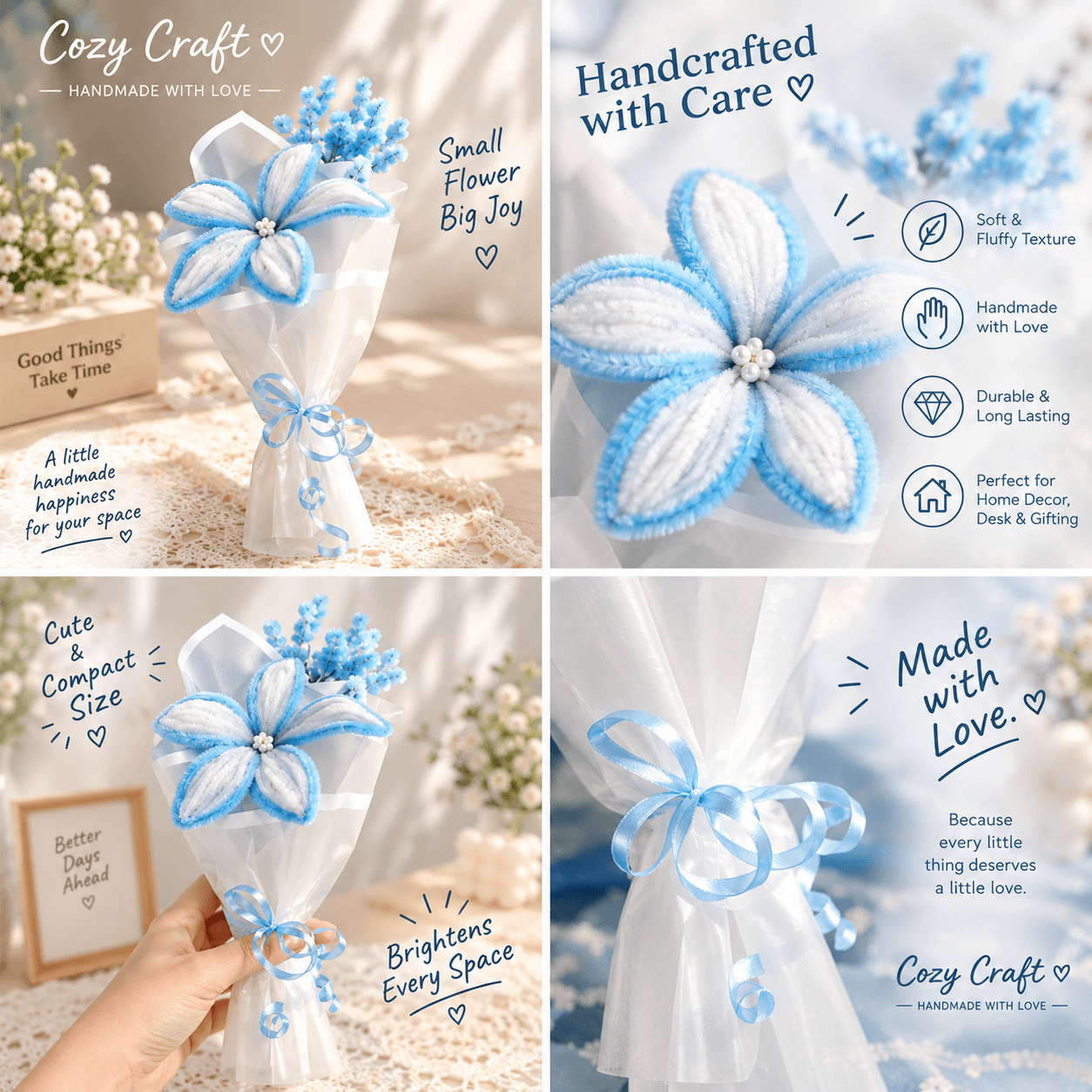 Handmade Blue and White Lily Fluffy Flower Bouquet alternate view