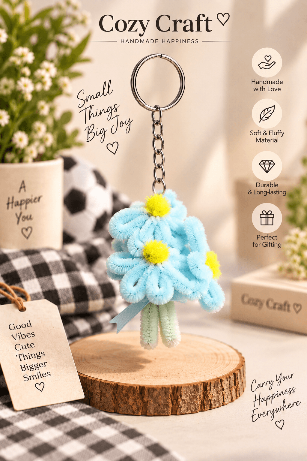 Handmade Blue Daisy Bouquet Keychain - Pipe Cleaner