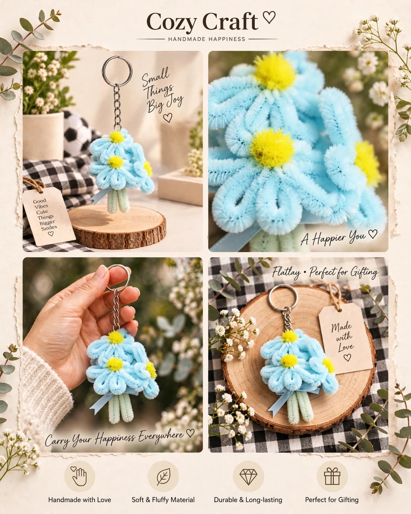 Handmade Blue Daisy Bouquet Keychain - Pipe Cleaner alternate view