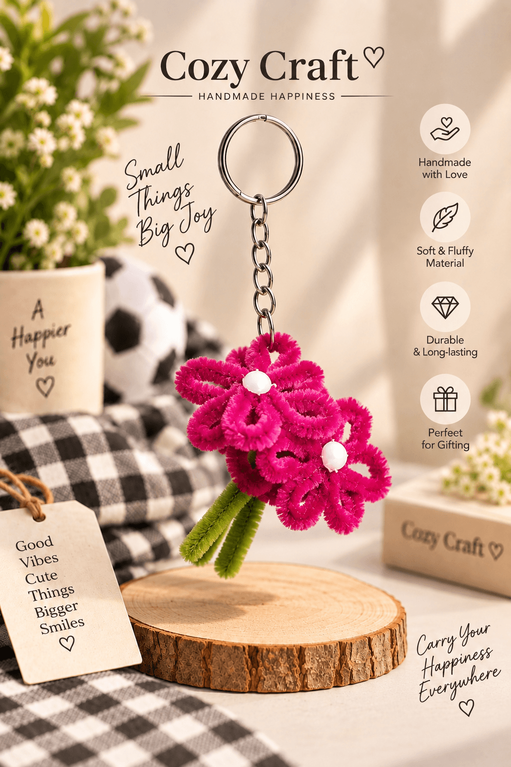 Handmade Pink Flower Bouquet Keychain - Pipe Cleaner