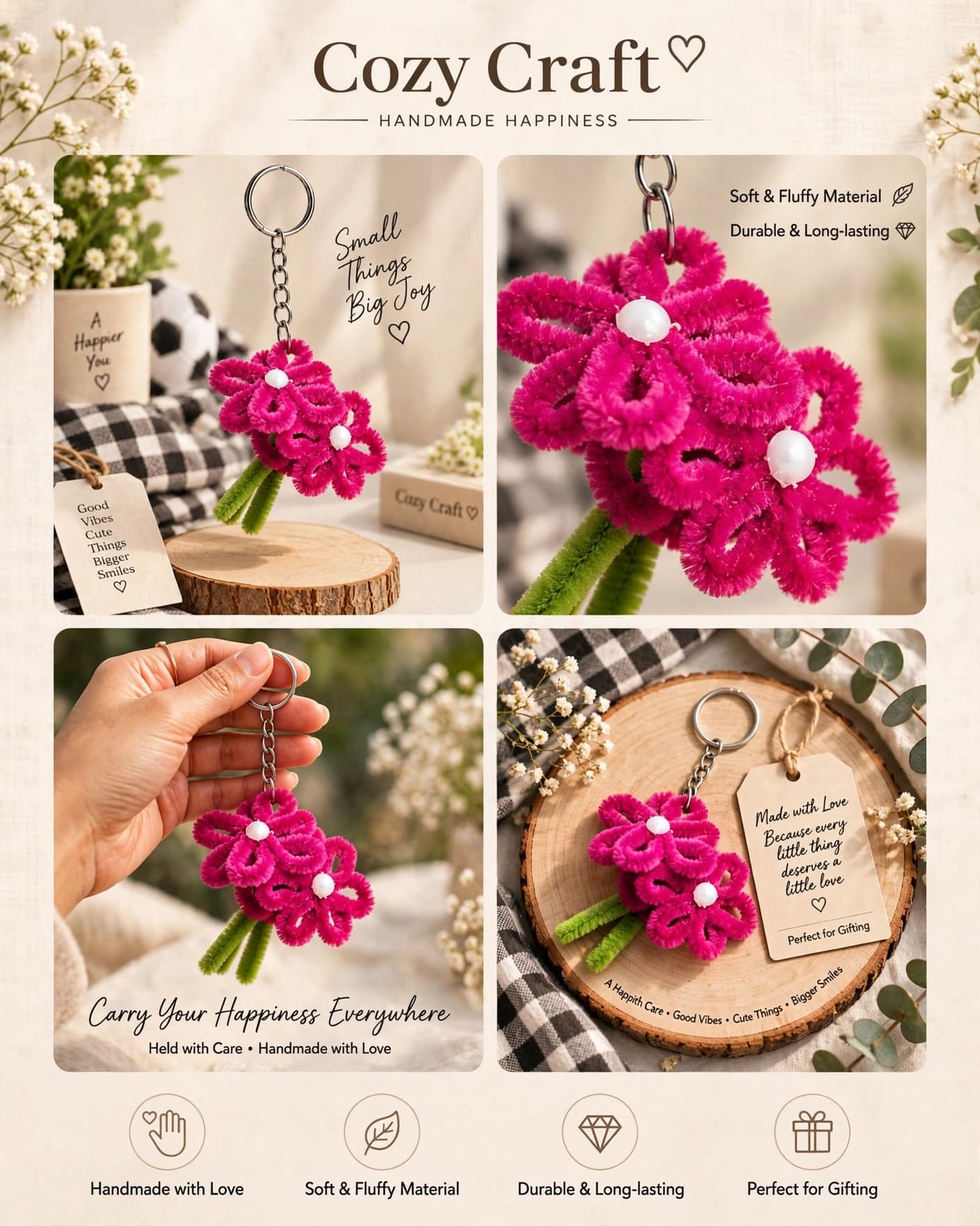 Handmade Pink Flower Bouquet Keychain - Pipe Cleaner alternate view