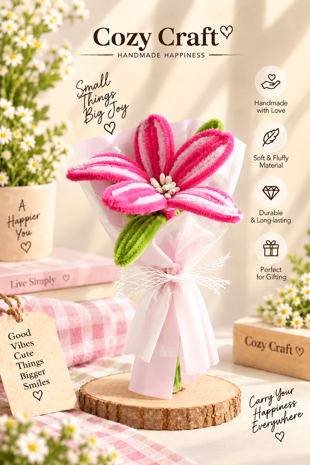 Handmade Pink and White Striped Lily Fluffy Flower Bouquet