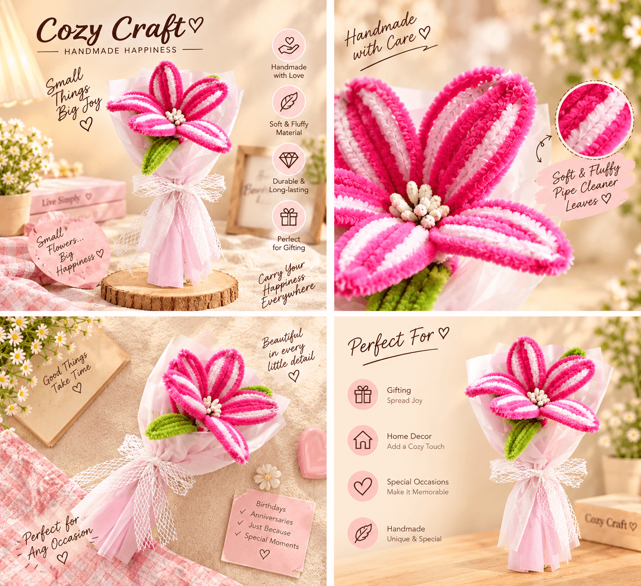 Handmade Pink and White Striped Lily Fluffy Flower Bouquet alternate view