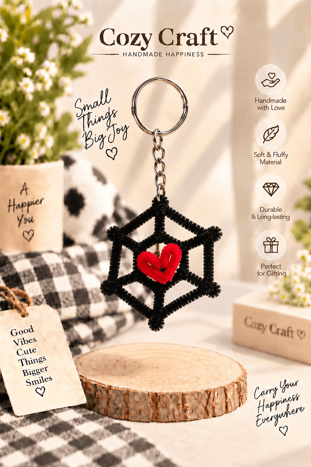 Spider Web Heart Keychain – Handmade Pipe Cleaner Web with Red Heart Charm Keychain