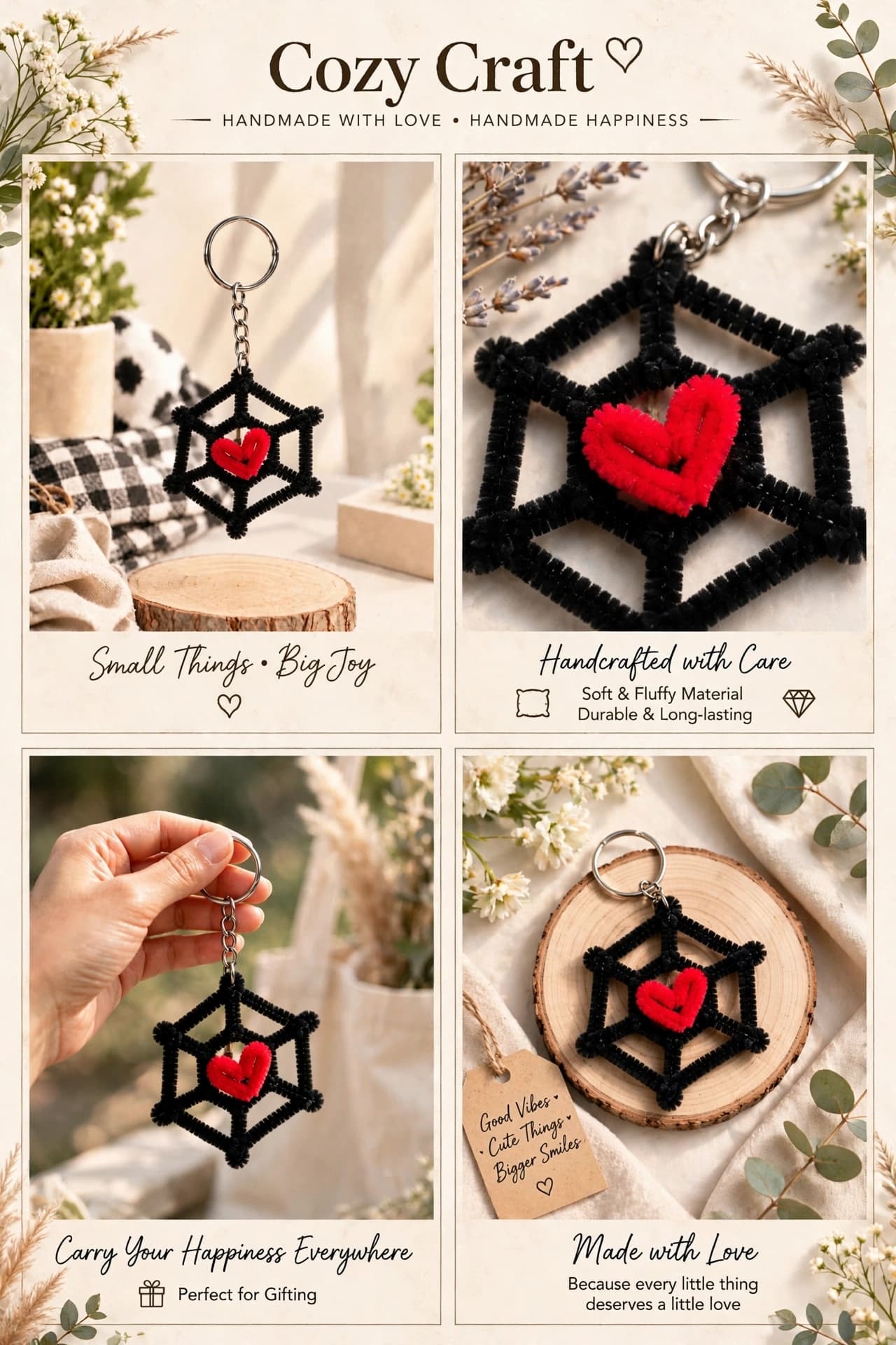 Spider Web Heart Keychain – Handmade Pipe Cleaner Web with Red Heart Charm Keychain alternate view