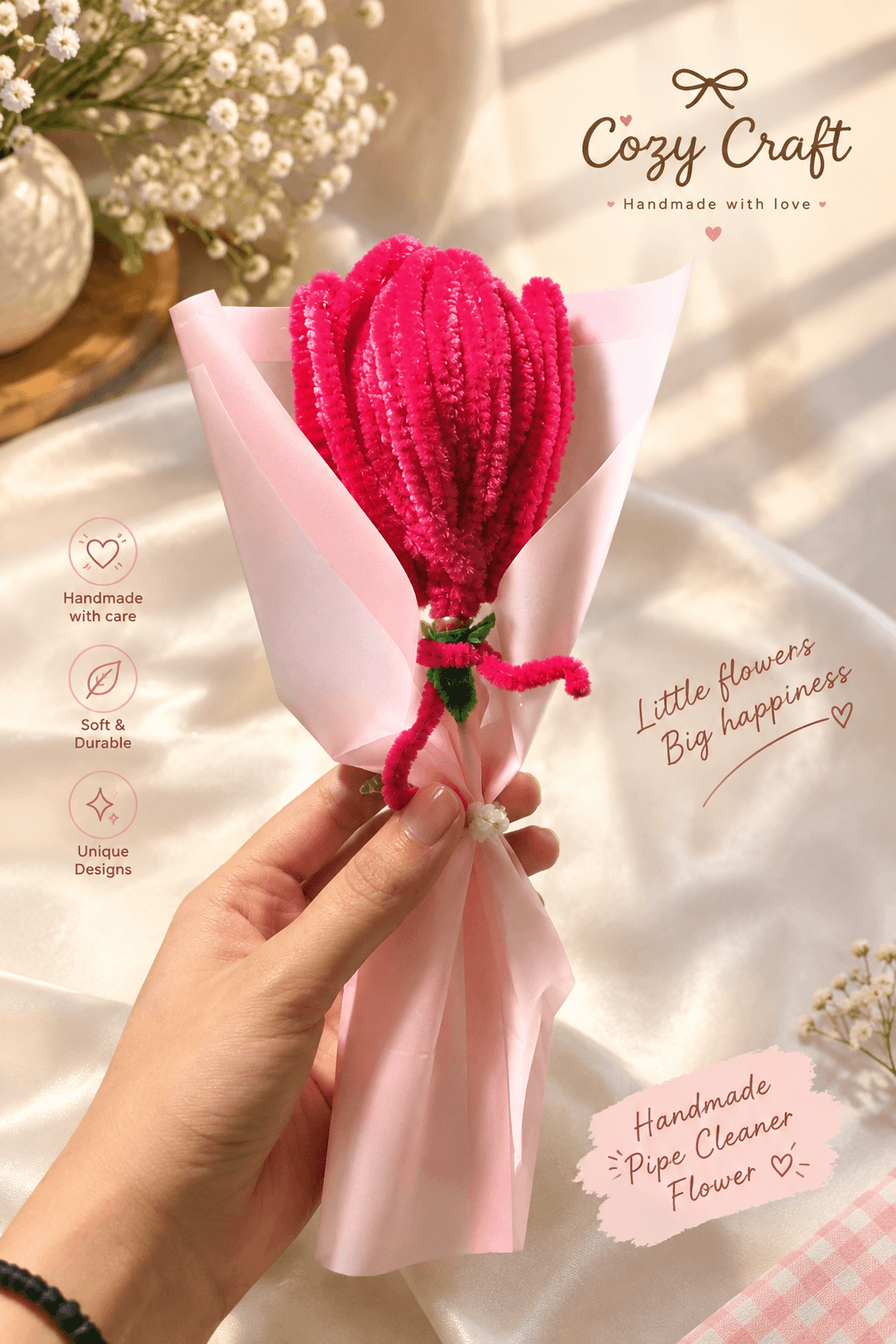 Handmade Hot Pink Tulip Fluffy Flower Bouquet view 1