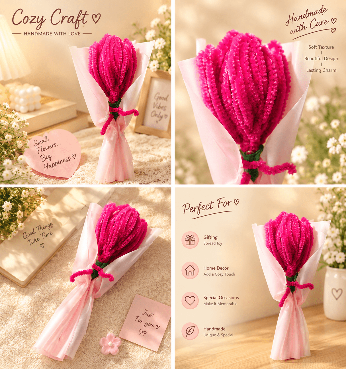 Handmade Hot Pink Tulip Fluffy Flower Bouquet alternate view