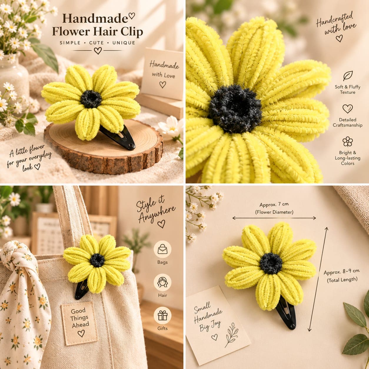 Handmade Fluffy Flower Hair Clip - Yellow Sunflower Daisy