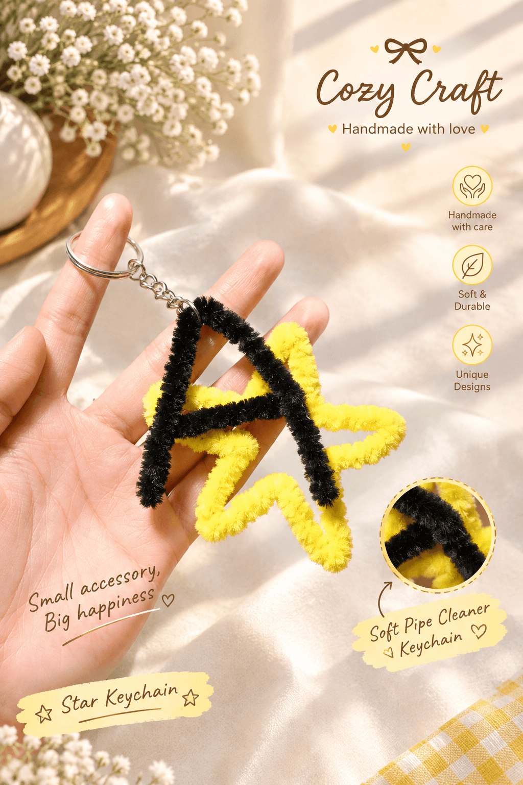 Handmade Fluffy Letter Keychain / Bag Clip - Alphabet A with Star - Black & Yellow view 1