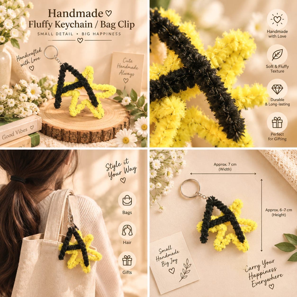Handmade Fluffy Letter Keychain / Bag Clip - Alphabet A with Star - Black & Yellow alternate view