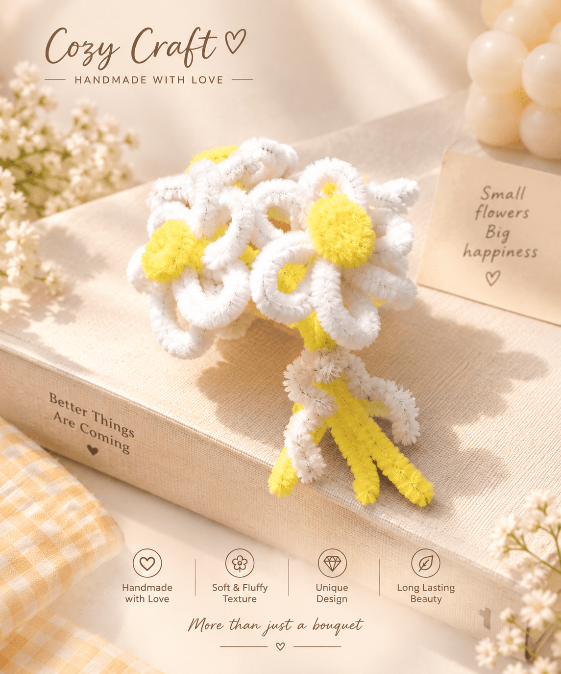 Handmade Mini Daisy Flower Bouquet - White & Yellow