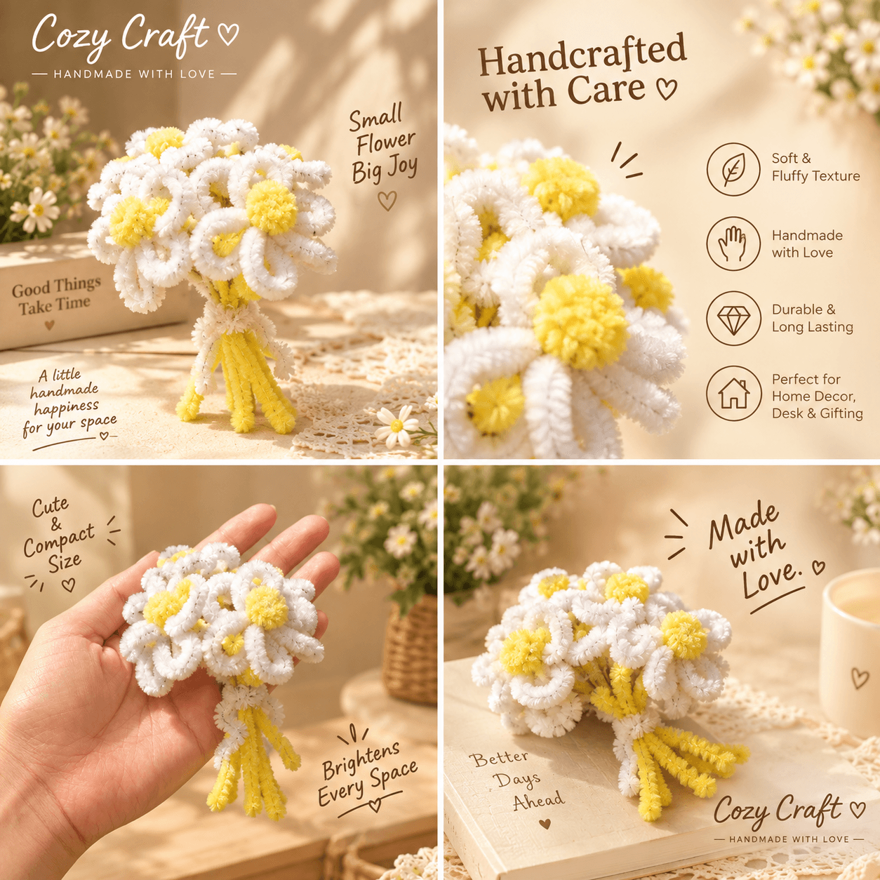 Handmade Mini Daisy Flower Bouquet - White & Yellow alternate view