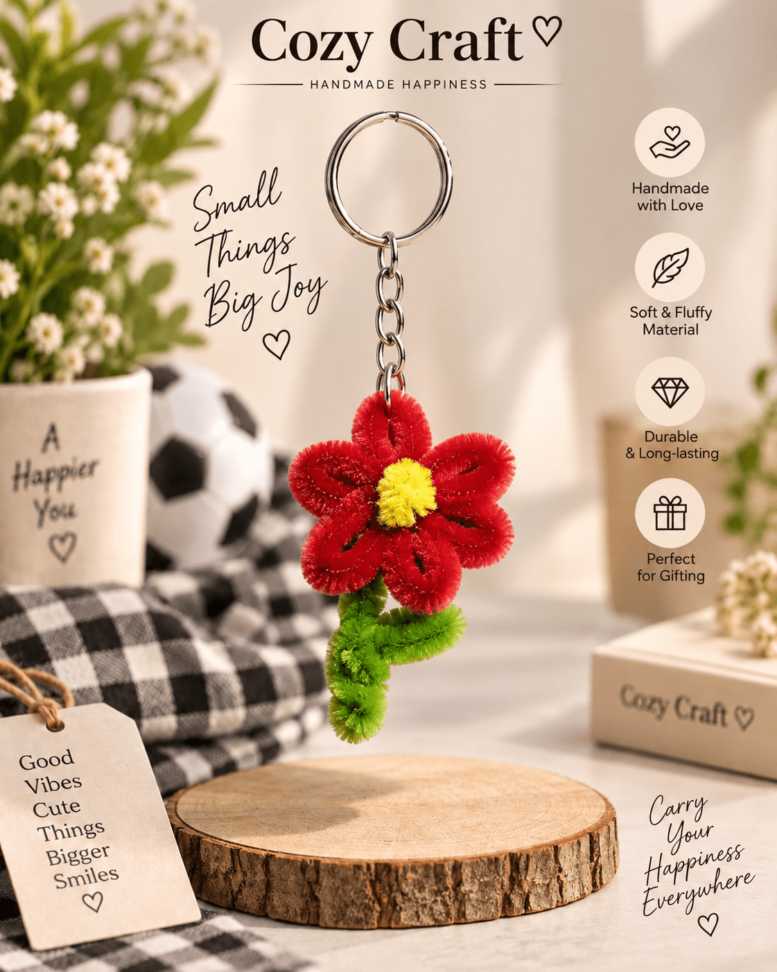 Fluffy Bloom Keychain - Cherry Red