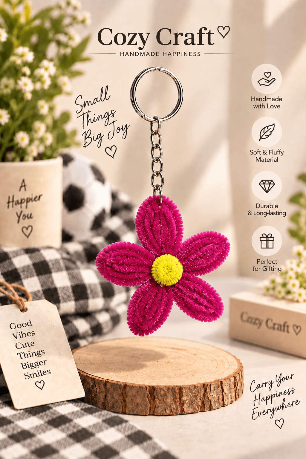 Handmade Magenta Flower Keychain - Yellow Center