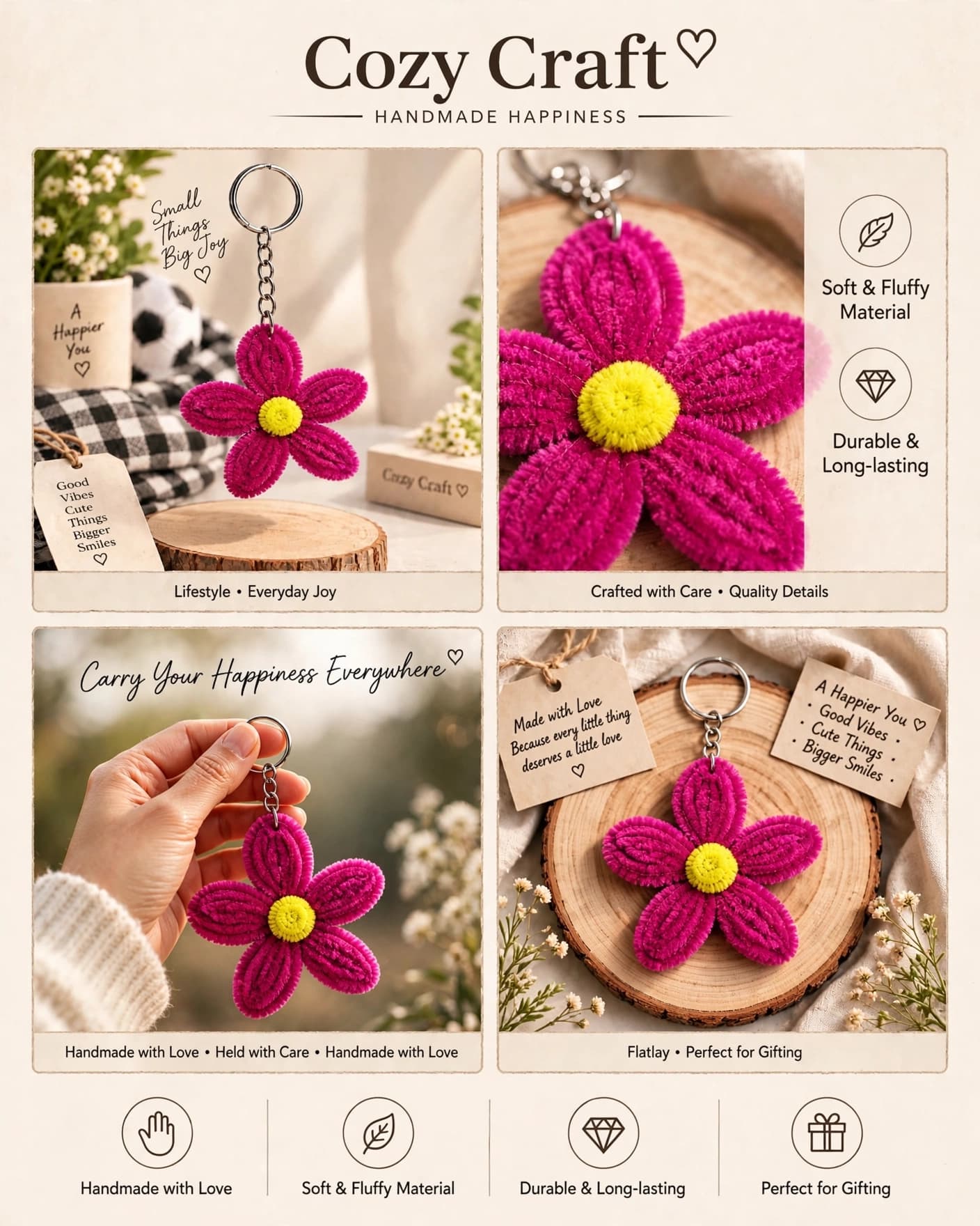 Handmade Magenta Flower Keychain - Yellow Center alternate view