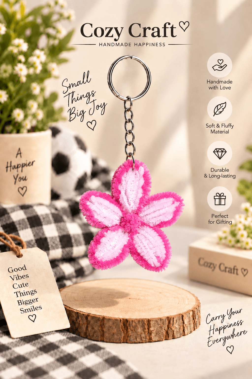 Cute Pink Flower Keychain - Handmade Dual-Tone Pipe Cleaner Charm