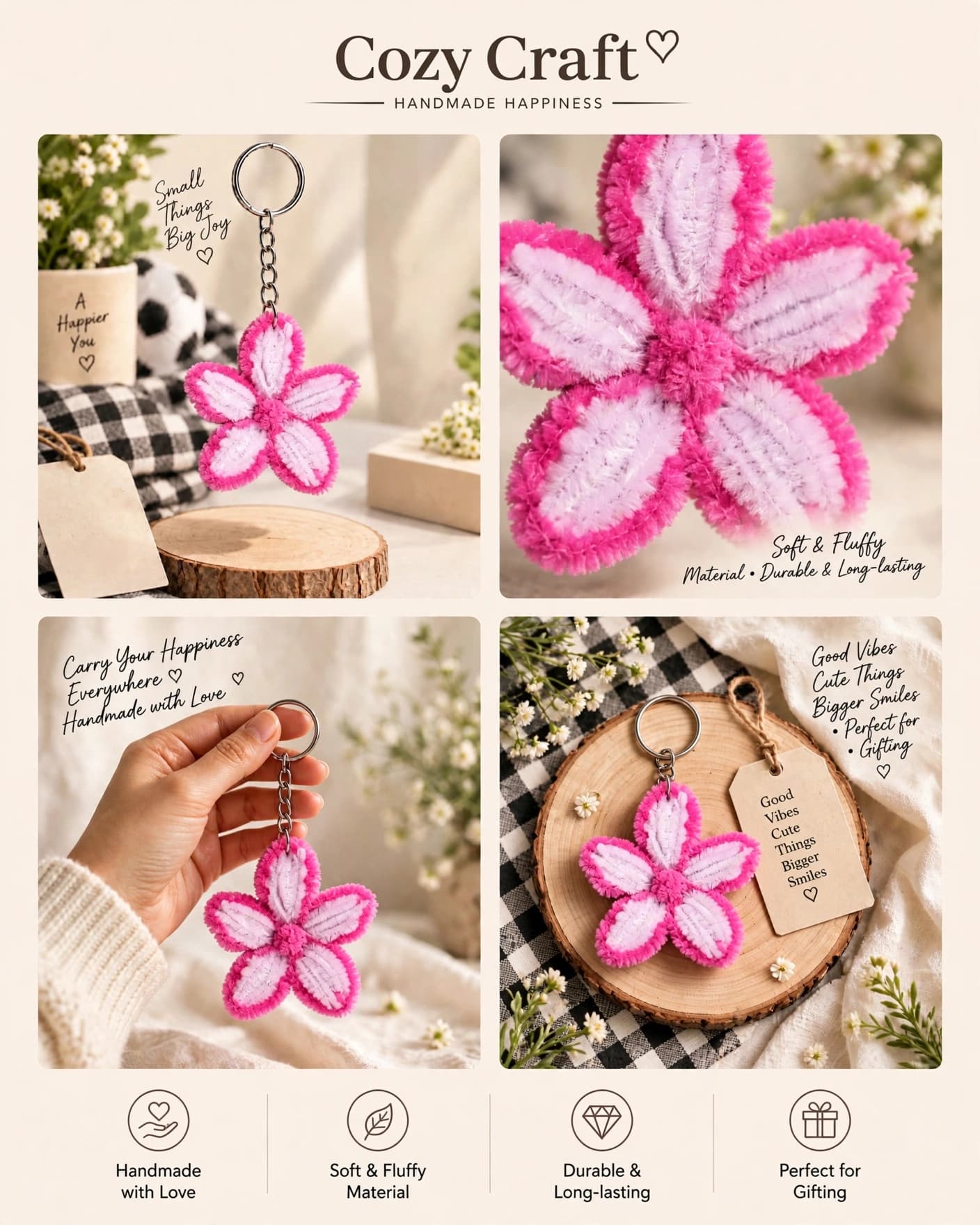 Cute Pink Flower Keychain - Handmade Dual-Tone Pipe Cleaner Charm alternate view
