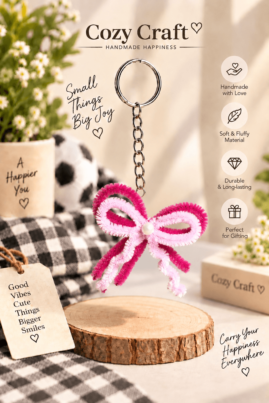 Coquette Bow Keychain - Handmade Pipe Cleaner Pink Bow Keychain with Pearl Charm view 1