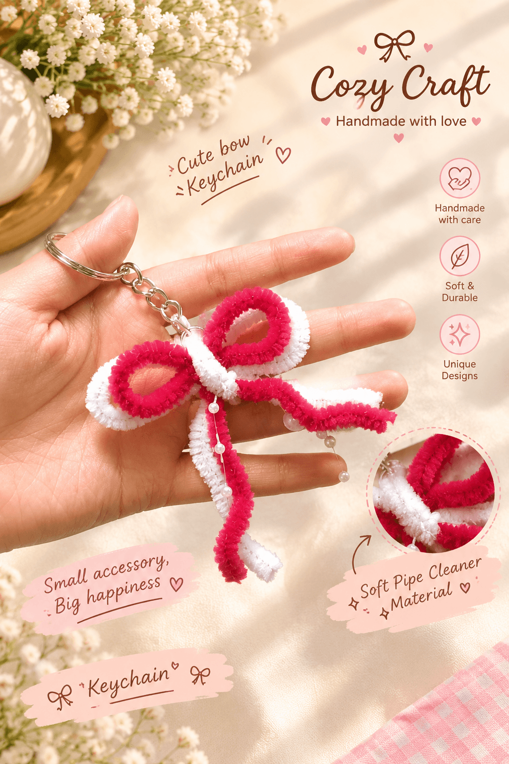 Handmade Fluffy Bow Keychain / Bag Clip - Red & White with Pearls