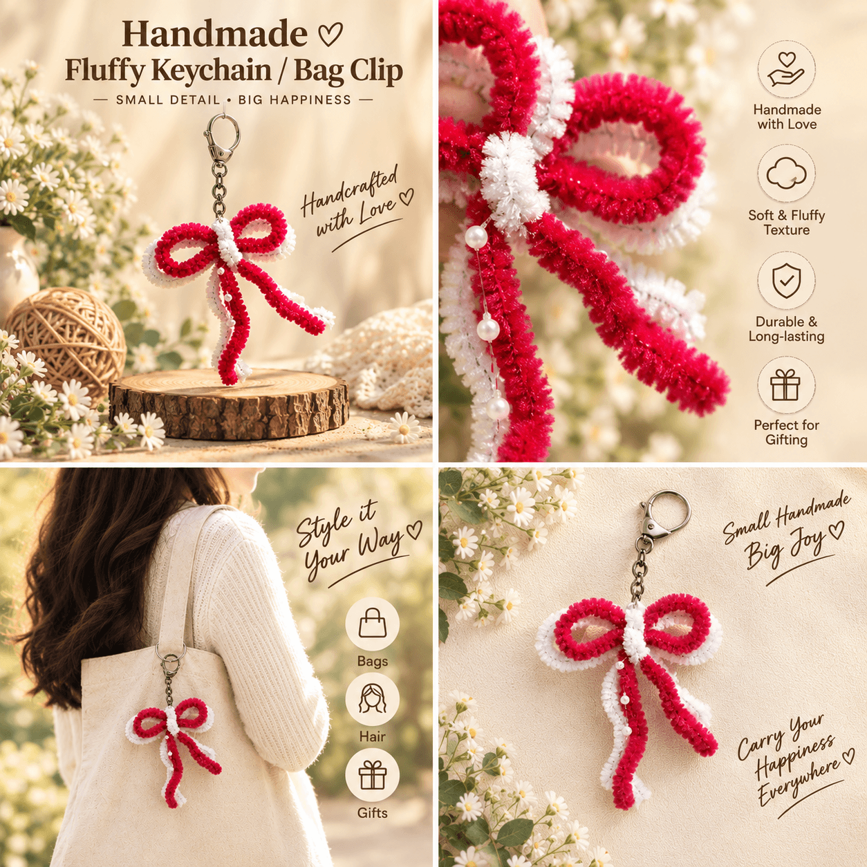 Handmade Fluffy Bow Keychain / Bag Clip - Red & White with Pearls alternate view