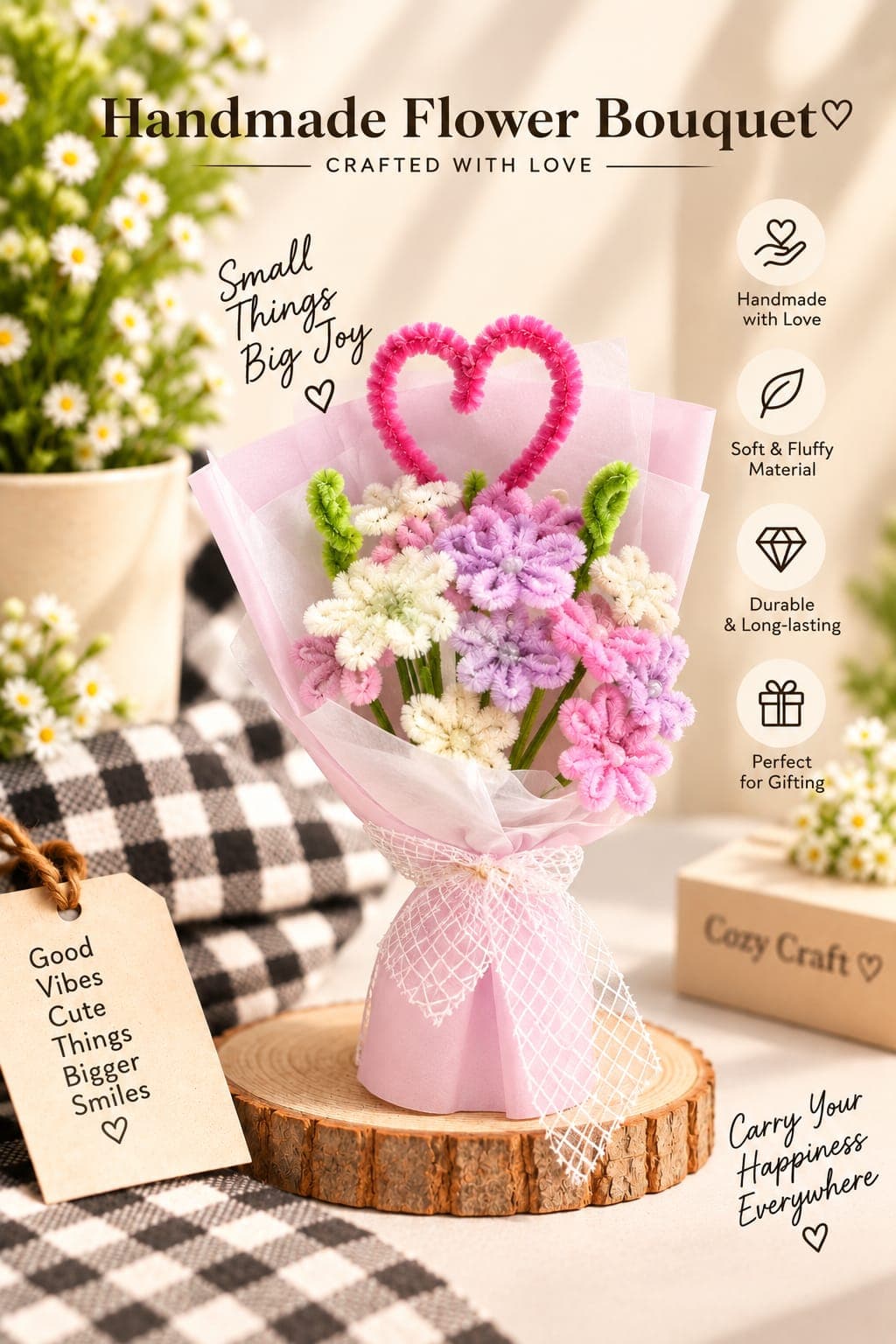 Handmade Pastel Mixed Fluffy Flower Bouquet with Pink Heart Topper
