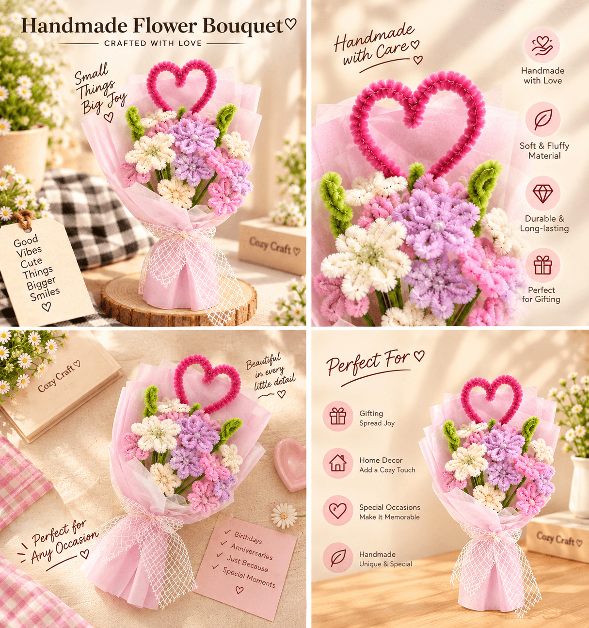 Handmade Pastel Mixed Fluffy Flower Bouquet with Pink Heart Topper alternate view