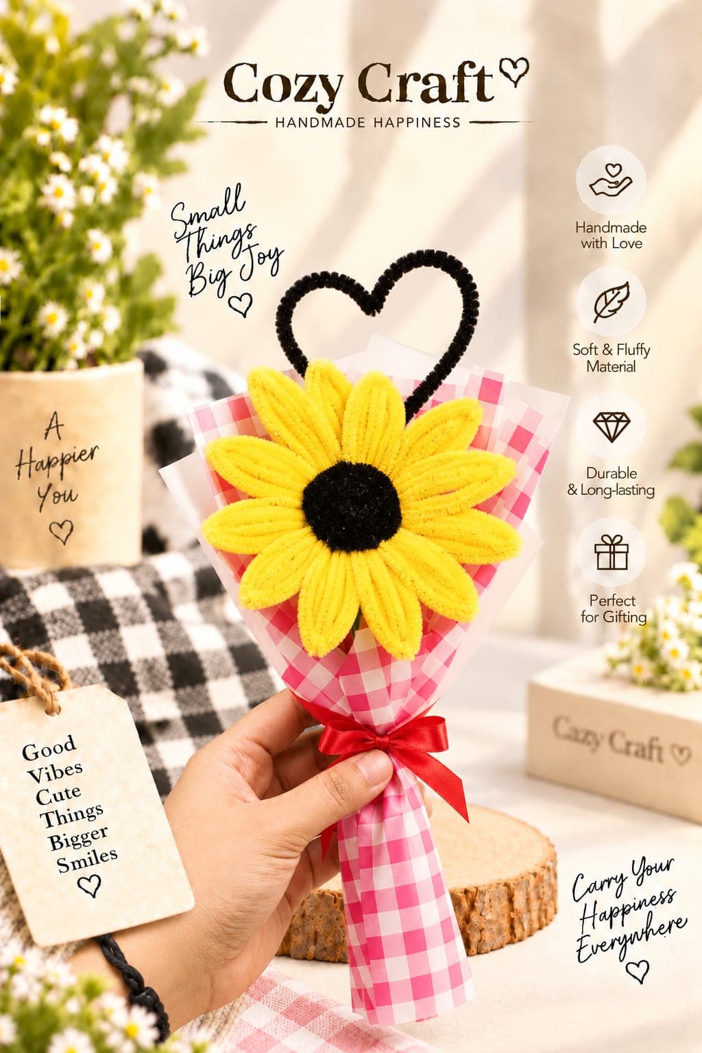 Mini Sunflower Bouquet – Handmade Pipe Cleaner Single Sunflower with Heart Stem – Everlasting Gift