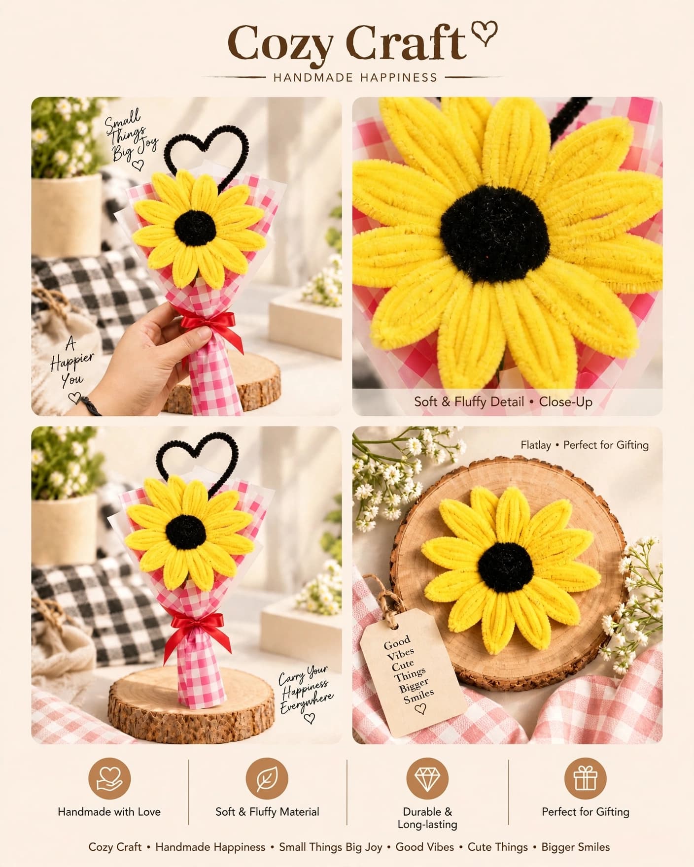 Mini Sunflower Bouquet – Handmade Pipe Cleaner Single Sunflower with Heart Stem – Everlasting Gift alternate view