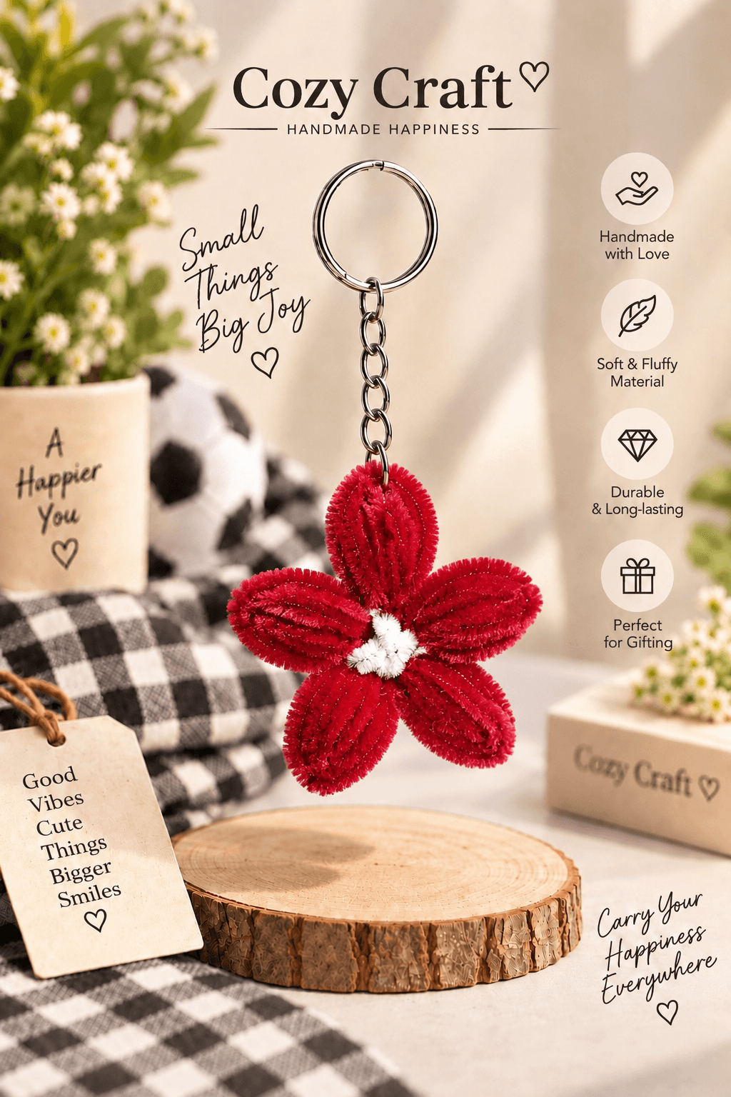 Cute Red Daisy Flower Keychain - Handmade Pipe Cleaner Charm