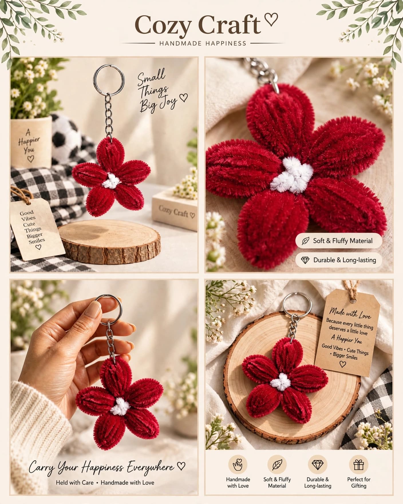 Cute Red Daisy Flower Keychain - Handmade Pipe Cleaner Charm alternate view