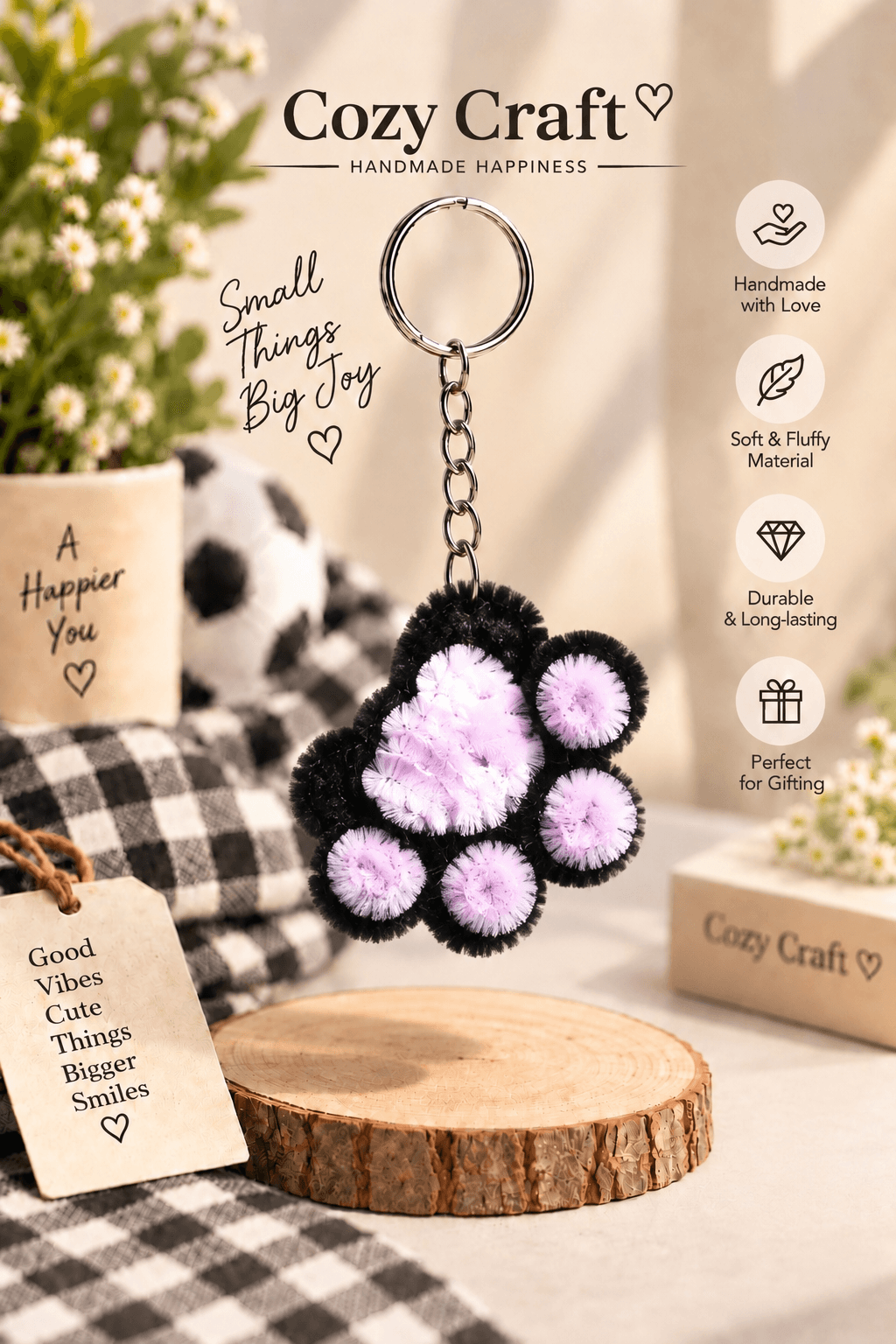 Fluffy Paw Keychain - Black & Lavender