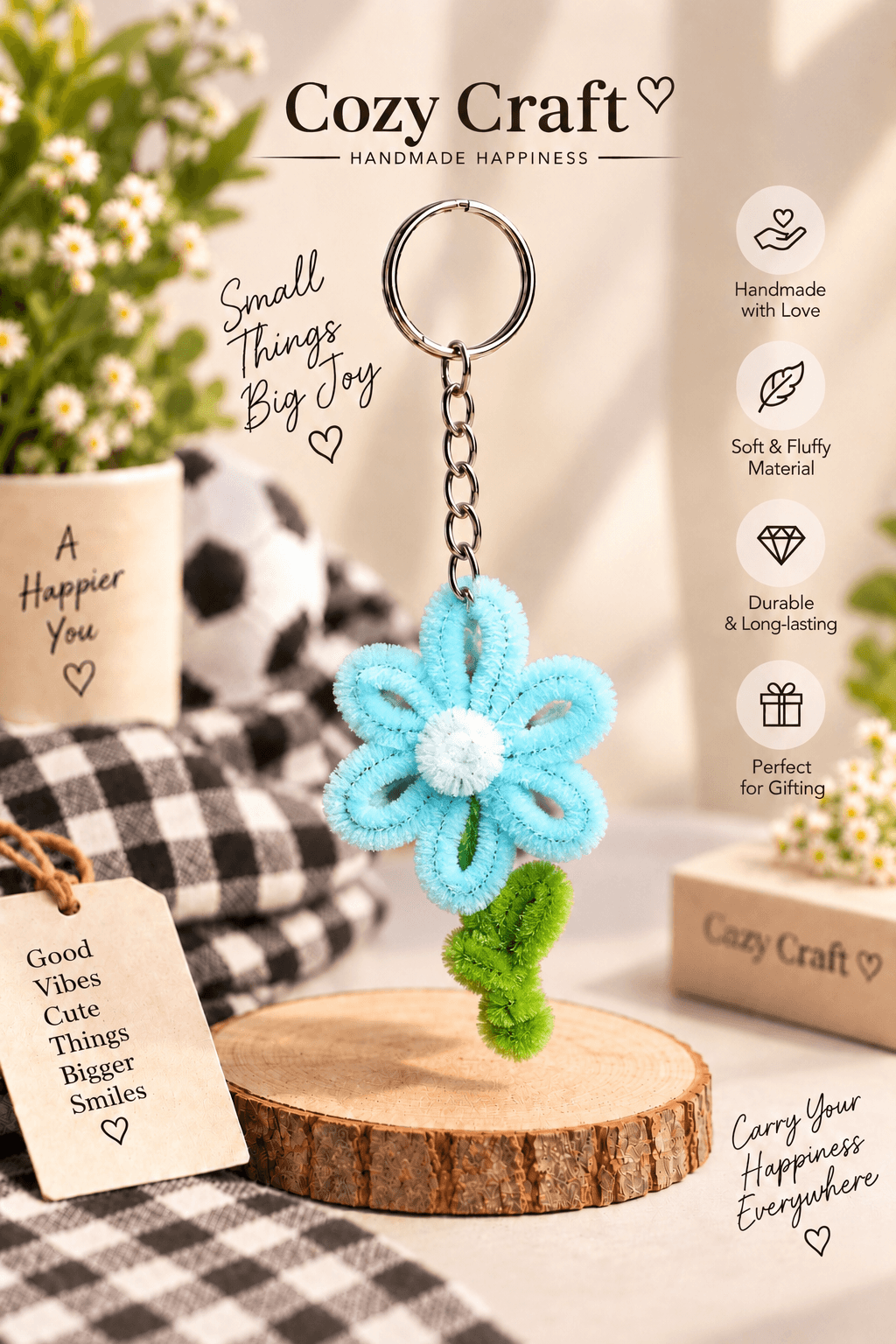 Sky Blue Bloom Keychain - Handmade Pipe Cleaner Flower Keychain with Leaf Charm