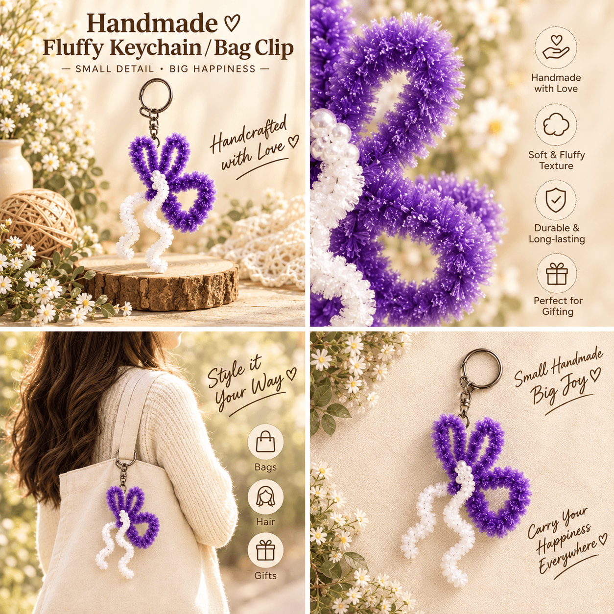 Handmade Fluffy Butterfly Keychain / Bag Clip - Purple & White with Pearls alternate view