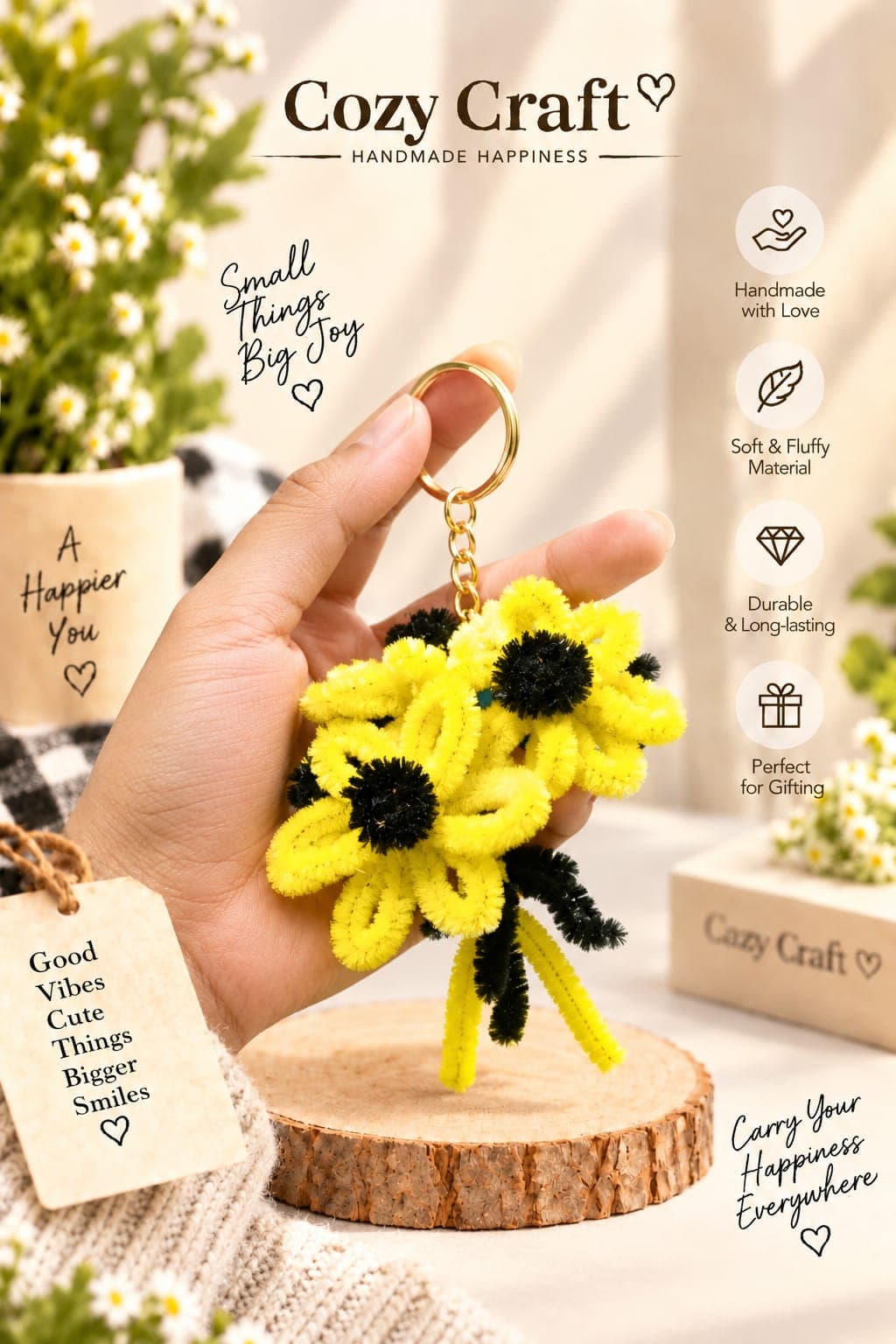 Handmade Fluffy Sunflower Bouquet Keychain / Bag Clip - Yellow & Black view 1