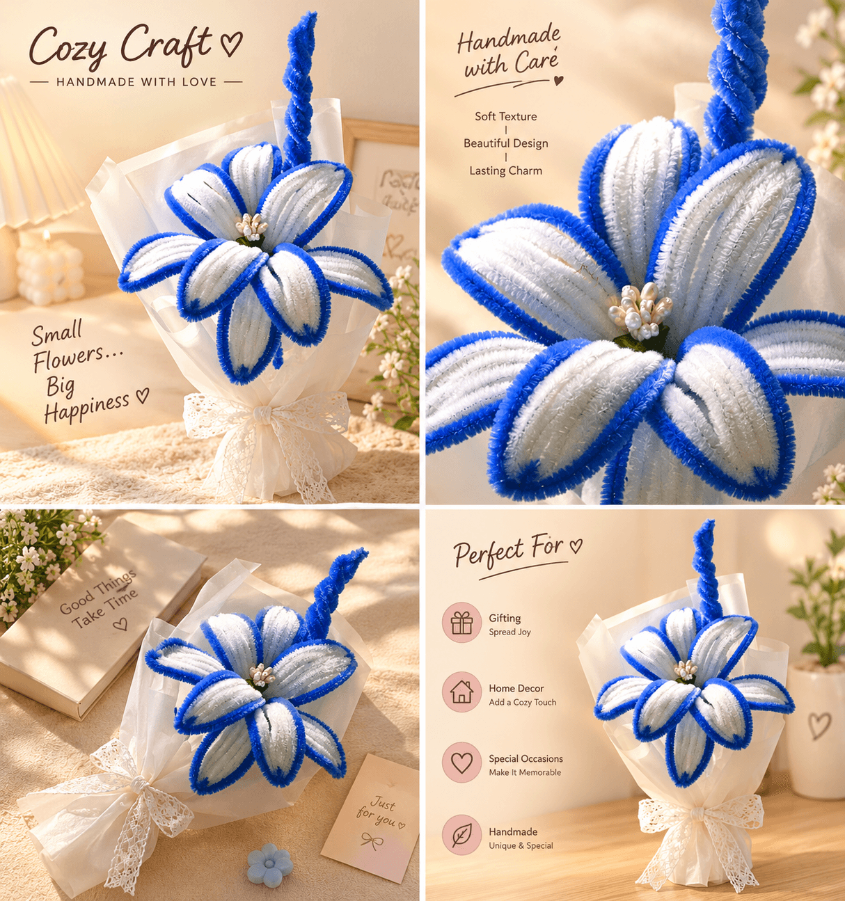Handmade Blue and White Lily Flower Bouquet alternate view