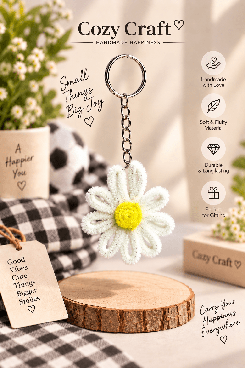 Cute White Daisy Flower Keychain - Handmade Pipe Cleaner Charm
