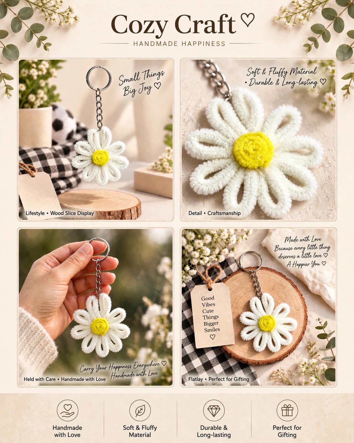 Cute White Daisy Flower Keychain - Handmade Pipe Cleaner Charm alternate view