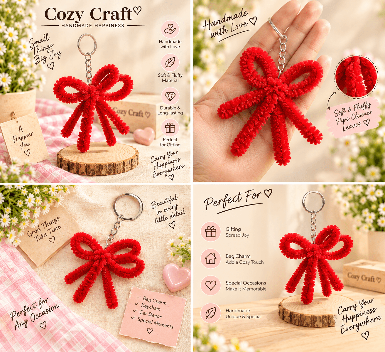 Handmade Red Bow Fluffy Keychain alternate view