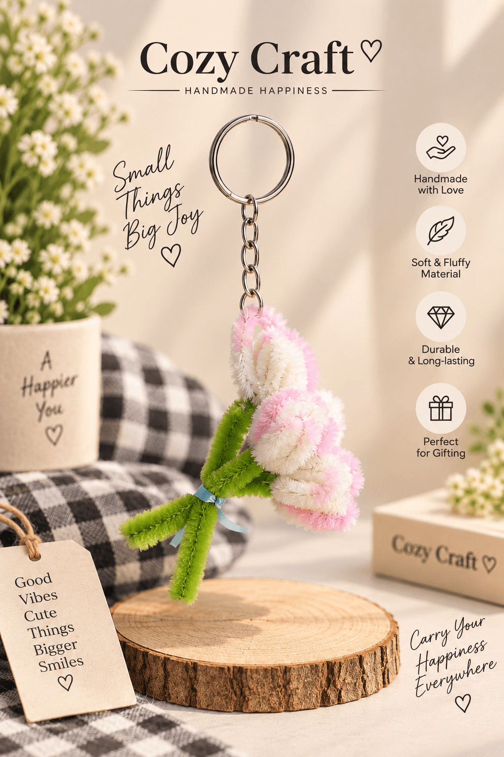 Mini Tulip Bouquet Keychain - Pink & White view 1