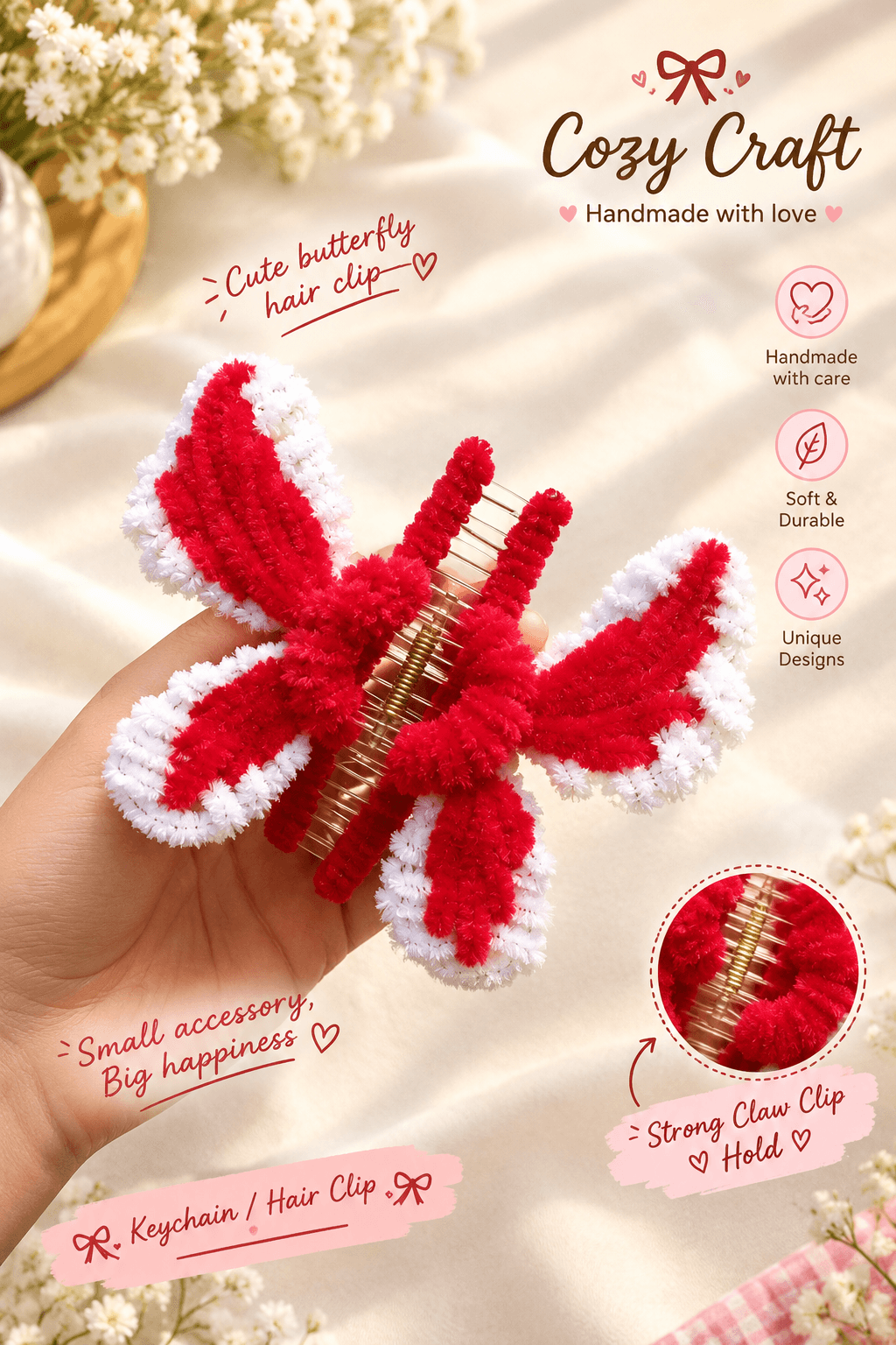 Handmade Red and White Butterfly Fluffy Claw Hair Clip