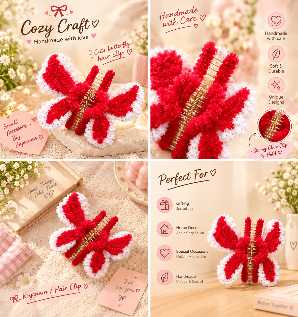 Handmade Red and White Butterfly Fluffy Claw Hair Clip alternate view