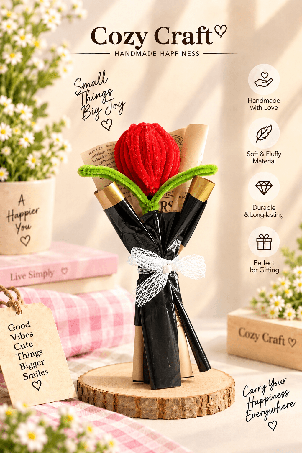 Handmade Single Red Tulip Fluffy Flower Bouquet with Vintage Wrap view 1