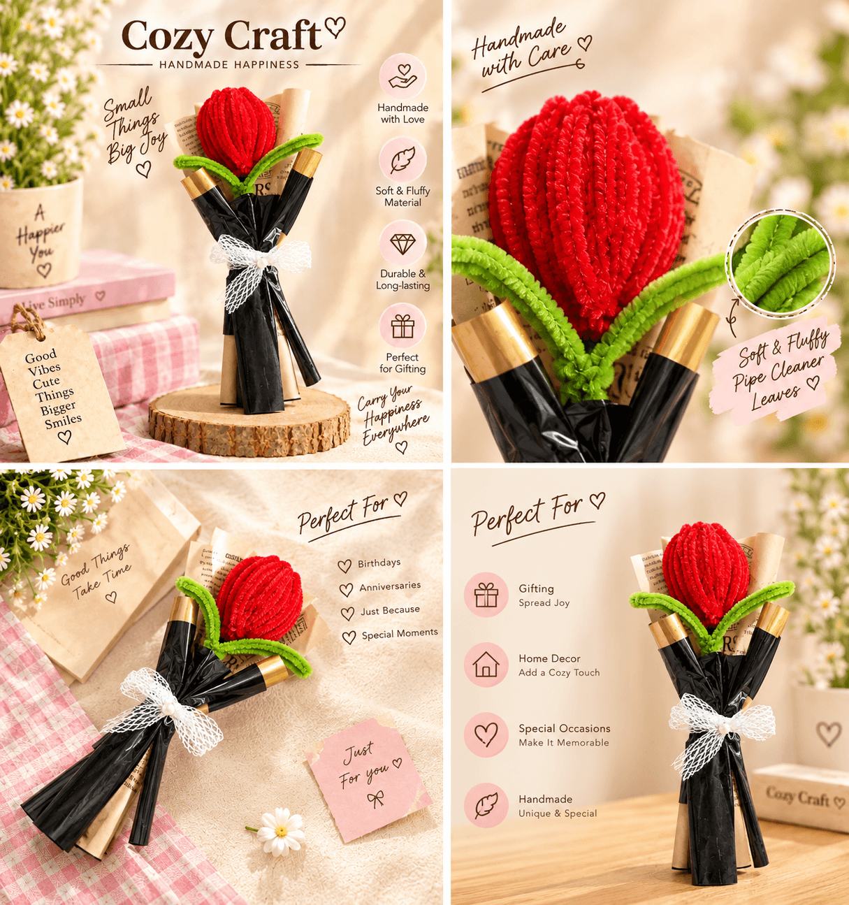 Handmade Single Red Tulip Fluffy Flower Bouquet with Vintage Wrap alternate view