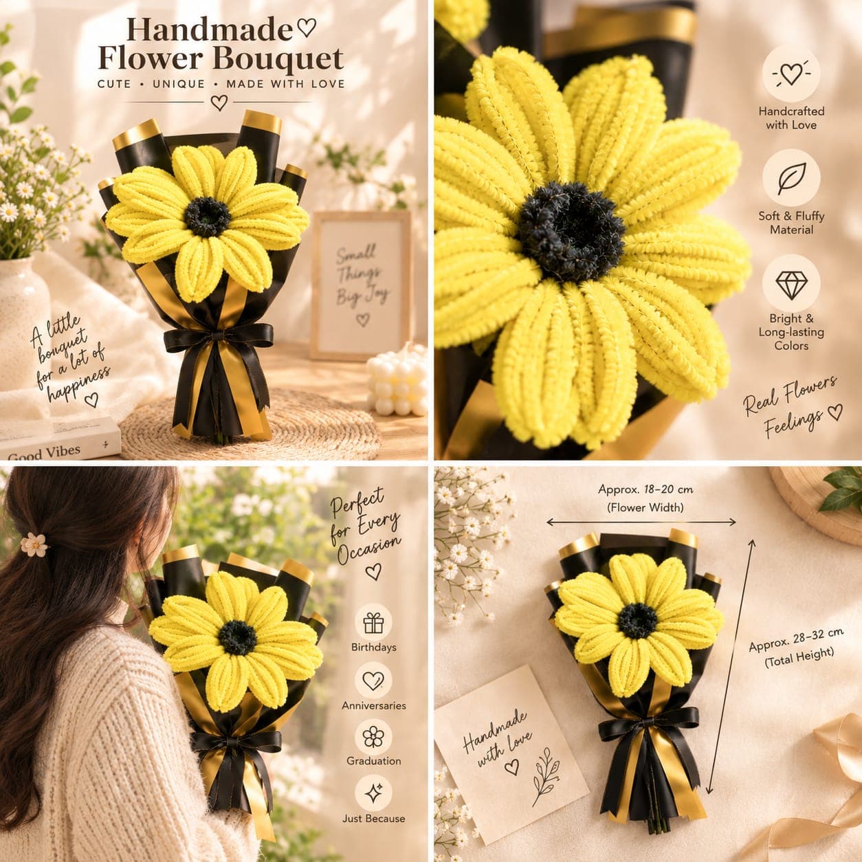 Handmade Yellow Fluffy Flower Bouquet alternate view